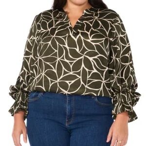 Vince Camuto Plus Size Printed Split-Neck Blouson-Sleeve Top Blouse Green Sz 2X